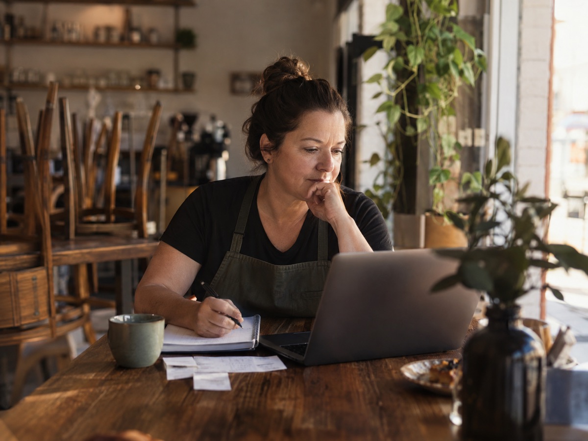A café owner working on her laptop after hours