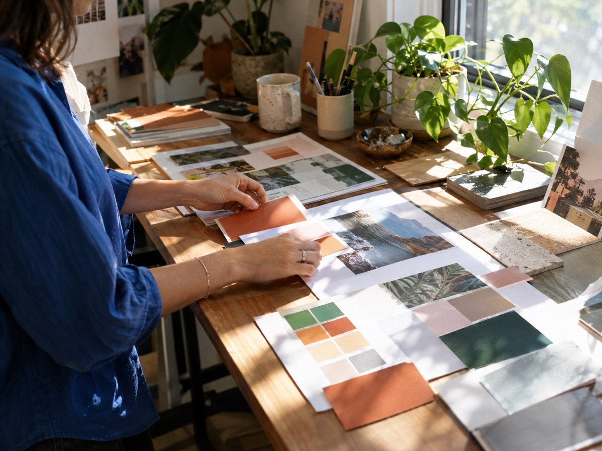 A designer laying out colour swatches and brand concepts