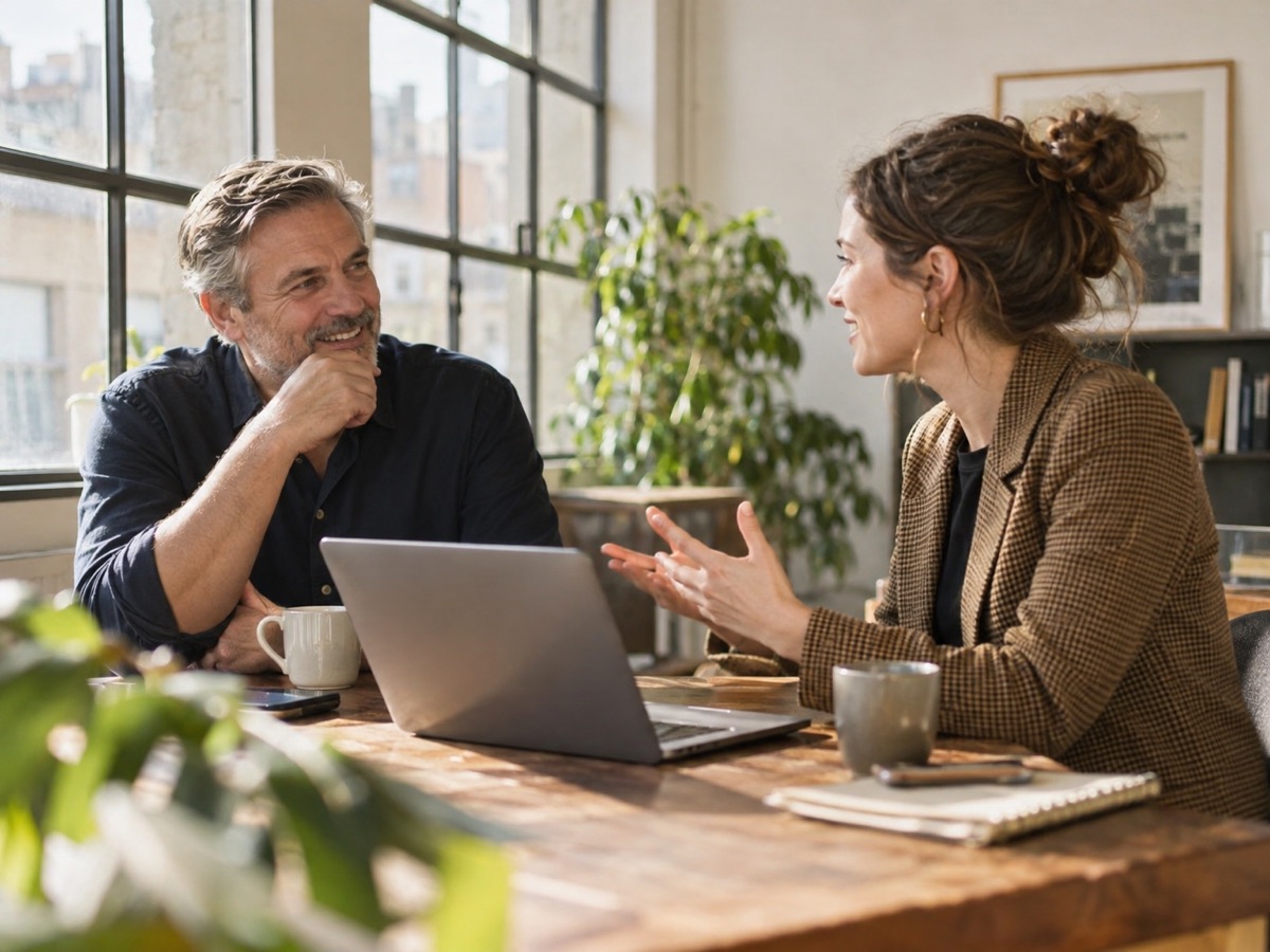 A business owner talking with an agency strategist at a first meeting