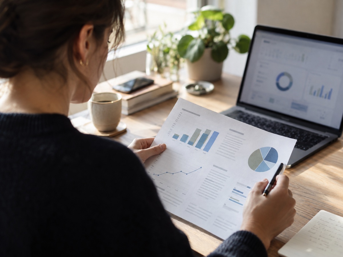 A business owner checking a printed marketing report