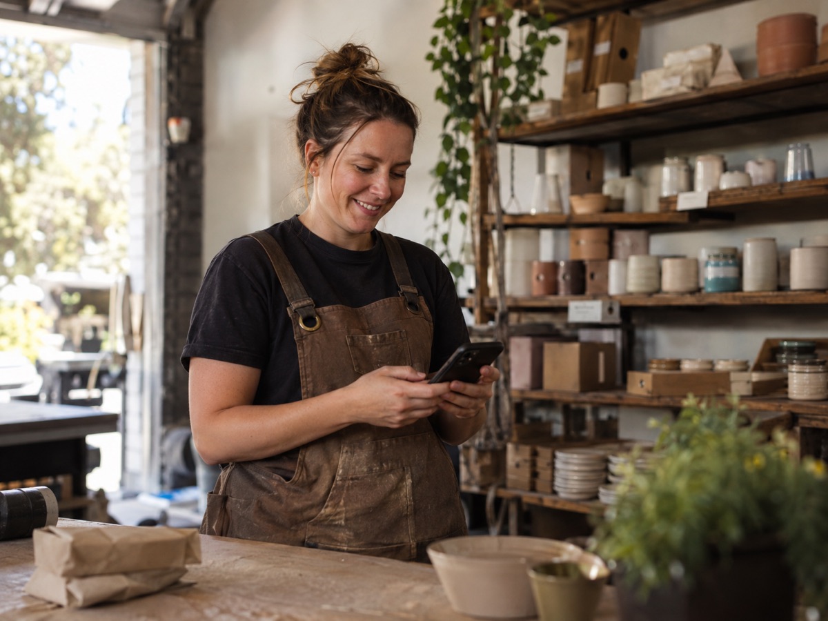 A small shop owner checking messages in her store