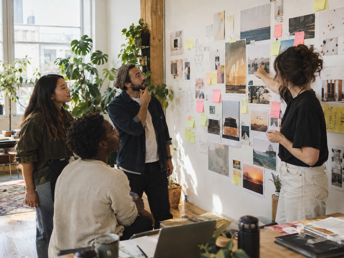 A small agency team planning a campaign at a wall of sticky notes